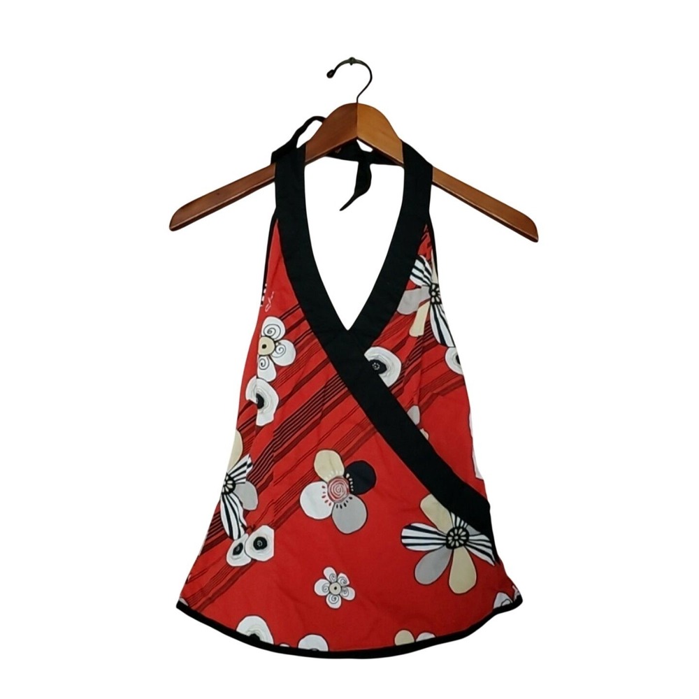 UniverZ Tank Top Womens S Red Floral Halter Tie Back Sleeveless Summer Casual